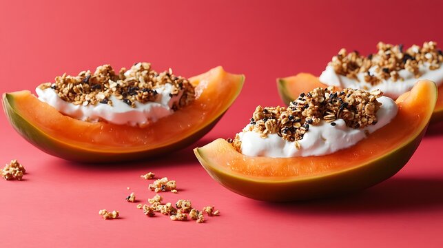 Juicy papaya boats filled with yogurt and granola, styled artistically against a vivid background with copy space