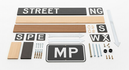 Obraz premium Various parts for making wooden and metal street signs are neatly arranged on a white surface, ready for assembly.