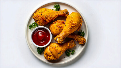 Crispy fried chicken drumsticks with ketchup on a plate delicious food photography and white background
