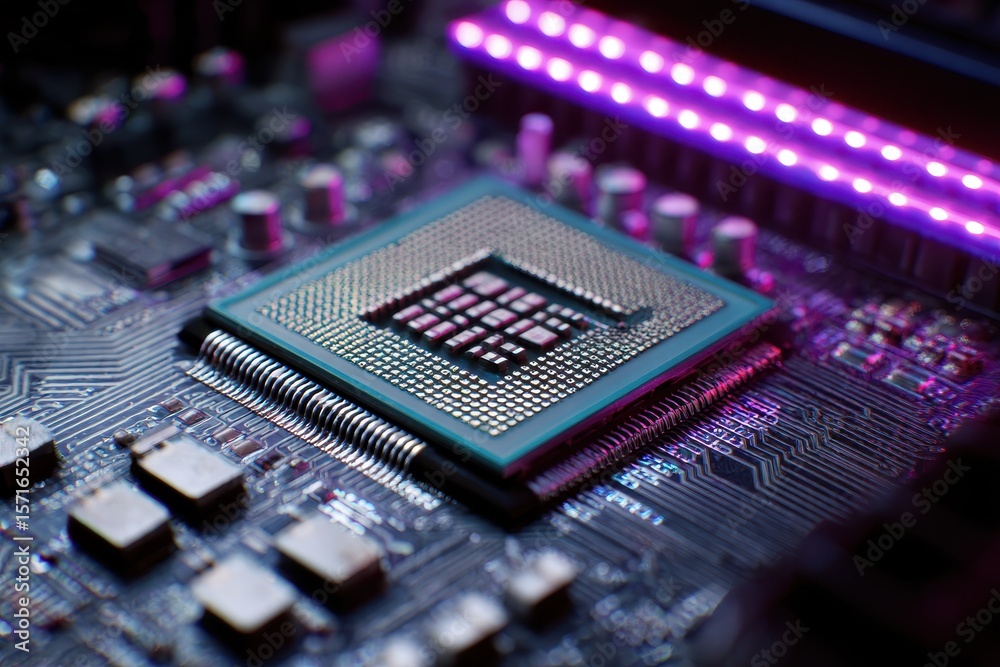 Poster intricate close-up of a computer processor showcasing complex circuit patterns and vibrant led light