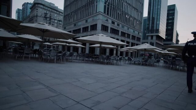 Police officers patrolling city street at dawn