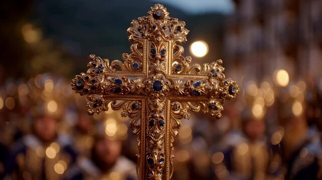 Gold and sapphire ornate processional cross with blurred background of religious procession, symbolizing faith, ceremony, and Christian tradition