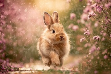 Fototapeta premium Cute bunny rabbit joyfully running through a dreamy flower-filled landscape under soft, warm sunlight