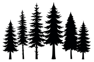 Fototapeta premium Black Pine Tree Silhouette Set – Evergreen Forest Trees in Nature Landscape Vector