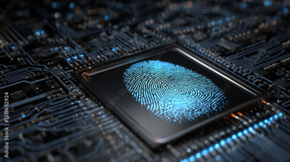 Poster fingerprint scanning on circuit board. secure system concept with a fingerprint. cyber security tech