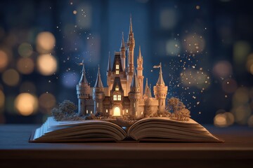 Obraz premium Exploring the magic of education with a fantastical castle rising from an open book illuminated in a dreamy nighttime setting