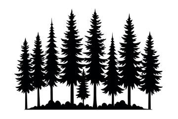 Fototapeta premium Realistic Pine Tree Silhouettes – Flat Black Forest Vector Trees on White Background