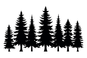 Obraz premium Realistic Pine Tree Silhouettes – Flat Black Forest Vector Trees on White Background