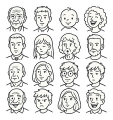 Facial expressions set. diverse simple faces, happy, sad, angry, surprised, think, love vector icons.