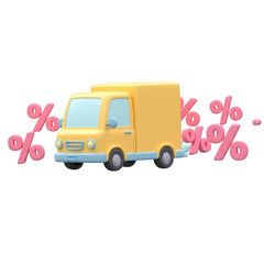 A cartoon delivery truck surrounded by pink percentage symbols isolated on transparent background
