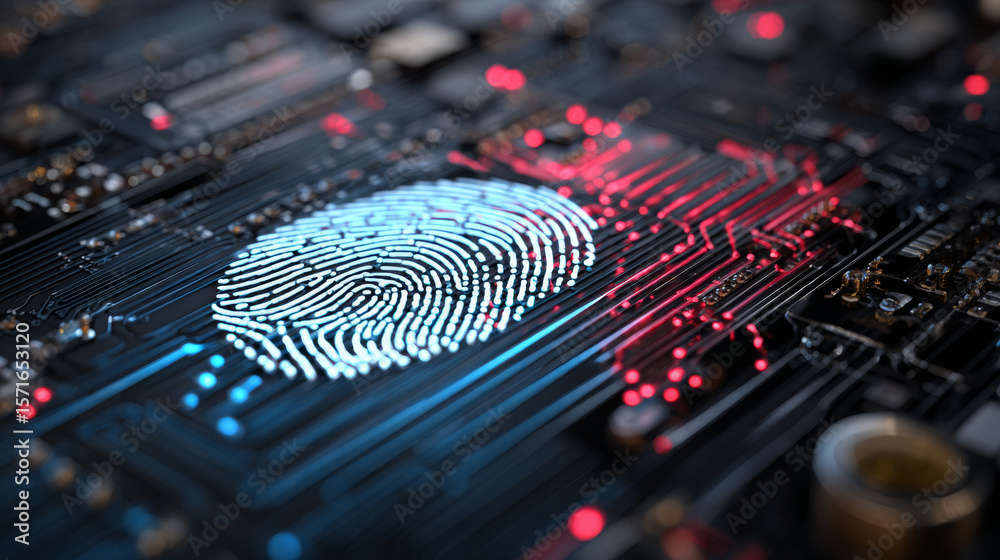 Poster fingerprint scanning on circuit board. secure system concept with a fingerprint. cyber security tech