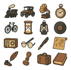Vintage icon set. retro antique style, clock, gramophone, bicycle, map, quill vector icons.