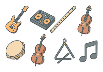 Naklejka premium Instrument set. modern music linear instruments. guitar, drums, violin, flute, note vector icons.