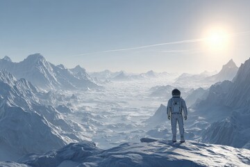 Astronaut explores an alien landscape with towering icy mountains and a bright sun illuminating the vast horizon