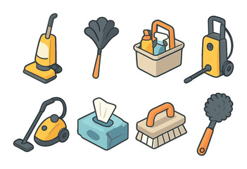 Cleaning tools set. modern cleaning, equipment, vacuum, duster, broom flat vector icons.