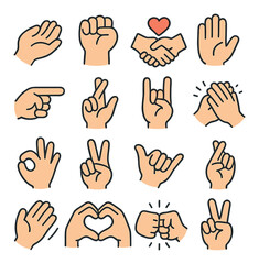 Human gesture set. simple hand signs flat style. ok, fist, peace, love, wave vector icons.
