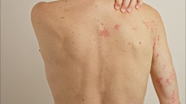 Patient showing skin rash on back and arm caused by herpes zoster virus, also known as shingles, a reactivation of the varicella zoster virus that causes chickenpox