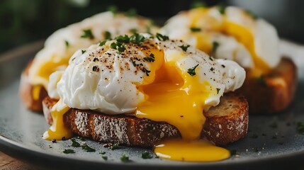 Perfectly poached eggs on sourdough toast, styled with rustic elements and clean backdrop for text 