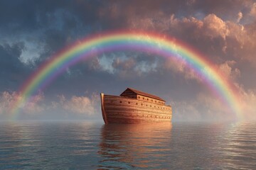 Noahs Ark floating in calm waters beneath a vibrant rainbow arching across a dramatic sky at sunset