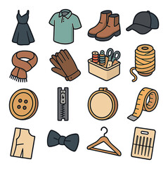 Fashion icon set. clothing and accessories simple style. dress, shirt, shoes, and more vector icons.
