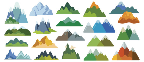 Collection of flat design mountains and mountain ranges in various colors
