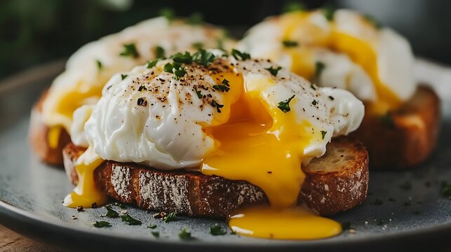 Perfectly poached eggs on sourdough toast, styled with rustic elements and clean backdrop for text  - Powered by Adobe