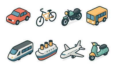 Modern transportation set. simple transport icons: car, bike, bus, train, plane, ship vector icons.