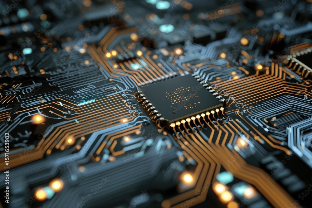 Poster complex circuit board with intricate pathways and illuminated connections showcasing modern computer