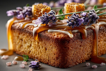A delectable honey-glazed square loaf, generously drizzled with golden caramel, adorned with aromatic lavender sprigs and natural honeycomb pieces, creating a rustic yet elegant presentation.

