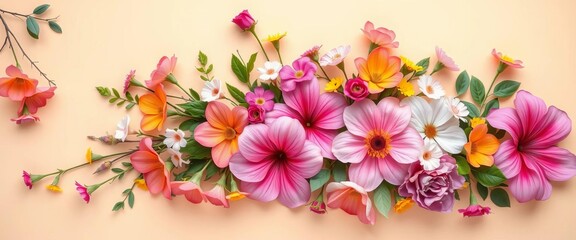 Naklejka premium Vibrant spring blooms & fresh foliage arranged on pastel background, blog, white