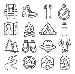 Outdoor adventure icon set. simple linear backpack, tent, map, compass, mountain vector icons.