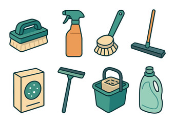 Cleaning icon set. modern household simple brush, spray, mop, soap, bucket vector icons.