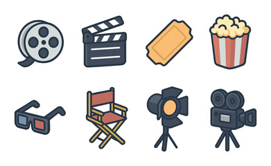 Cinema icon set: linear style. film, ticket, popcorn, director, camera, projector vector icons.