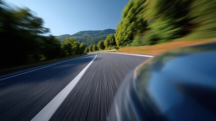 Speed blur effect on vehicle driving fast on smooth highway through rural landscape