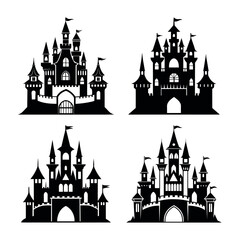Obraz premium Collection of four black fairy tale castle silhouettes with flags and towers on white background