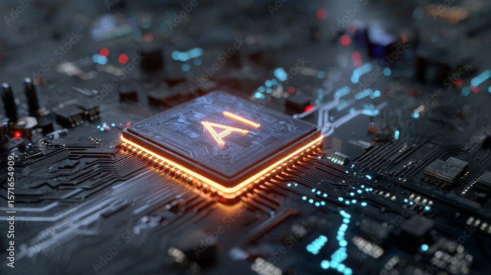 Poster futuristic circuit board technology background with brightly glowing ai chip in the center. cpu proc