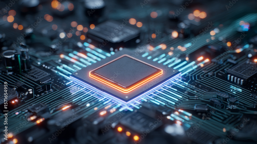 Poster futuristic circuit board technology background with brightly glowing ai chip in the center. cpu proc