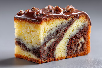 A decadent slice of swirled chocolate and vanilla cake, topped with a rich chocolate glaze and crunchy chocolate pieces, perfect for a sweet indulgence.


