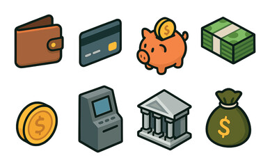 Financial icon set. modern flat wallet, card, piggy bank, atm, coin, bank, cash vector icons.