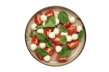 Italian Caprese salad with cherry tomatoes, mozzarella, basil on plate isolated on white background.