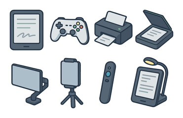 Digital devices set. minimalistic electronics linear icons: tablet, controller, printer vector icons.