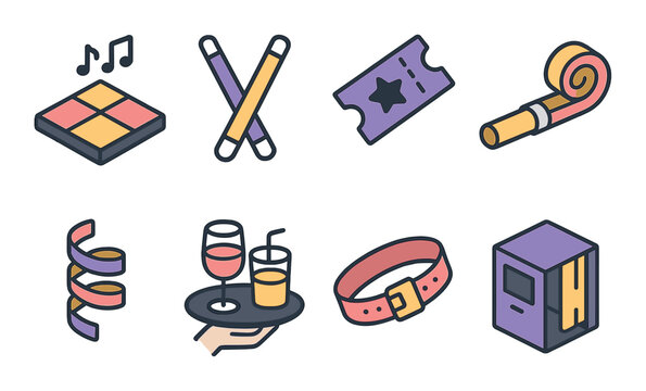 Festival icon set. celebration simple icons: music, drink, ticket, dance, ribbon vector icons.