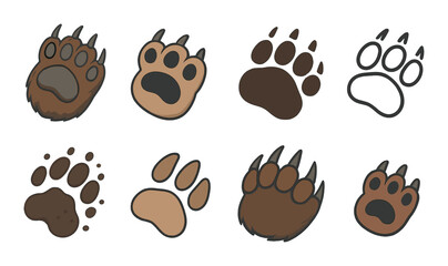 Bear paw icon set. animal footprint flat paws. claws, tracks, wild, nature vector icons.