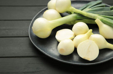 Green onion on dark plate on black wooden background. Space for text