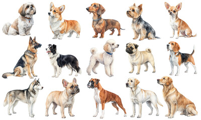 Watercolor Vector Set of Dogs, Popular Dog Breeds, Realistic Pet Illustrations