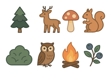 Wild forest icon set. nature, deer, mushroom, squirrel, bush, owl, campfire, berry vector icons.