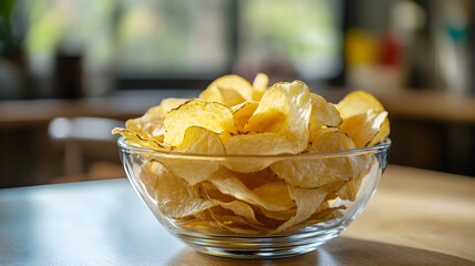 Crispy Golden Potato Chips in Glass Bowl on Table crisps