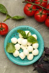 Italian Caprese salad with cherry tomatoes, mozzarella, basil on plate on grey concrete background. Vertical photo