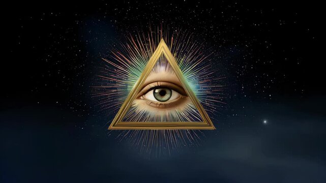 Mystical golden eye inside a glowing triangle radiates powerful energy, symbolizing enlightenment, divine vision, cosmic awareness, secret knowledge, higher consciousness, and spiritual awakening