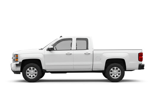 Side view of a white  silverado crew cab pickup truck isolated on a white background